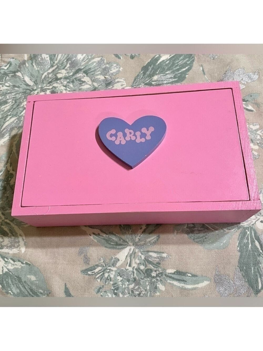 Trinket Box Hand Painted Pink & Purple Wooden Carly Heart Vintage 80s